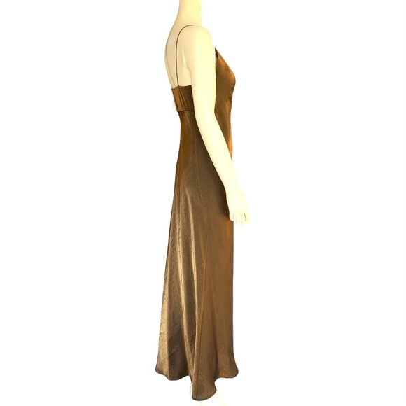 Vintage metallic antique gold/bronze silk-like slip maxi dress - Size 4 - Picture 3 of 14